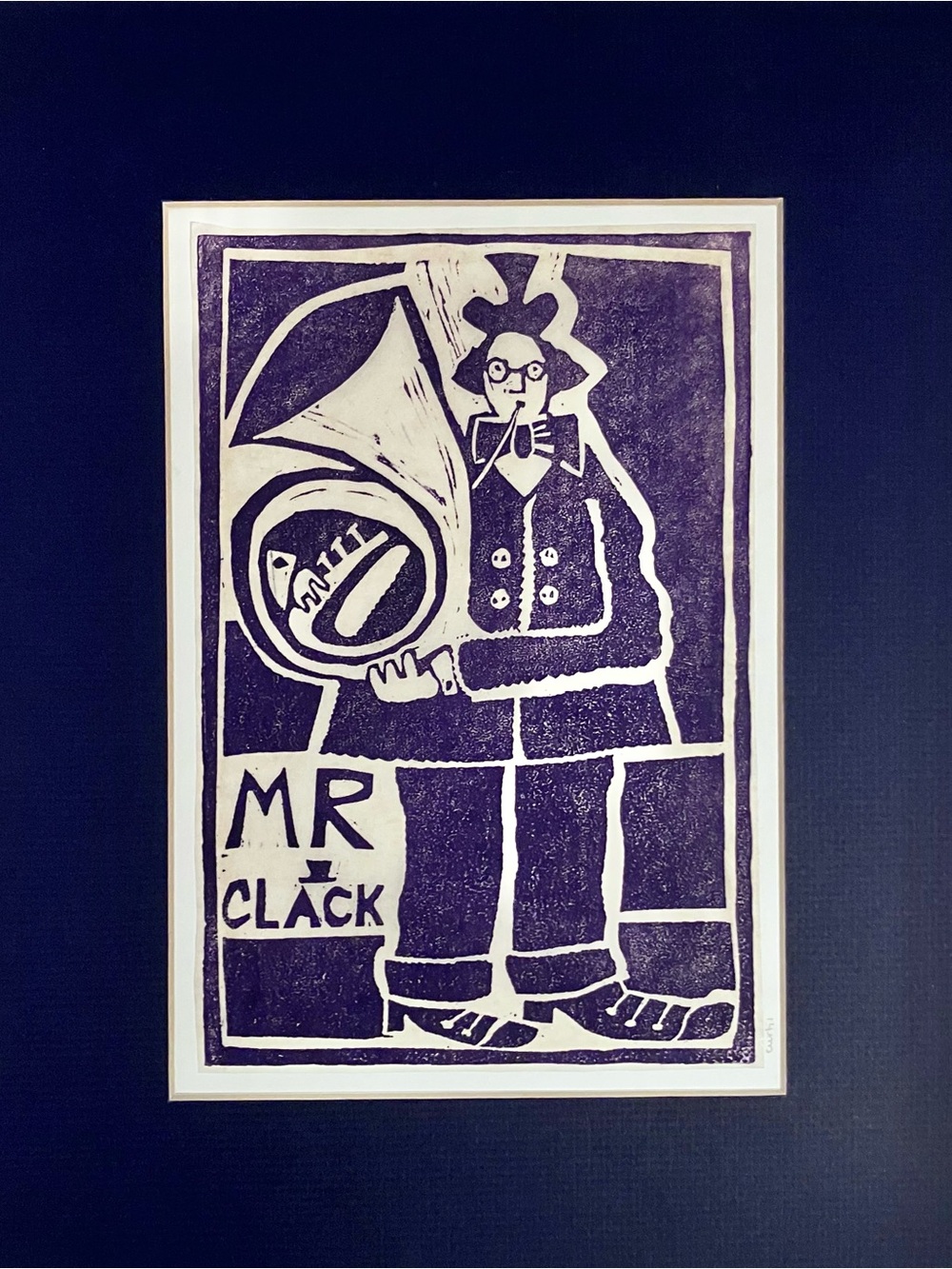 Vintage MCM LINOCUT Signed By CURTIS / Tuba Playing MR. CLACK / Matted To 11x14